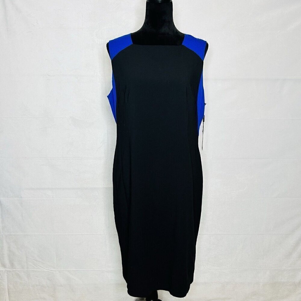 NWT Calvin Klein Womens Blue Black Round Neck Sleeveless Sheath Dress Size 14